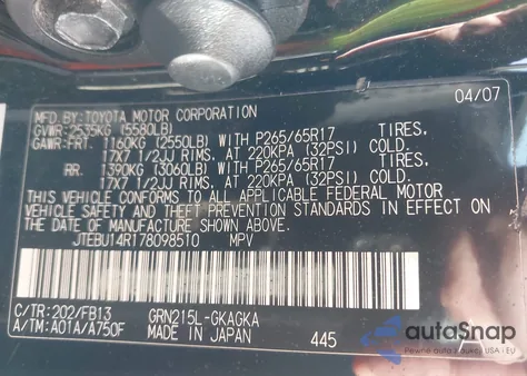 2007 Toyota 4Runner Sport V6 from USA, damaged, VIN JTEBU14R178098510